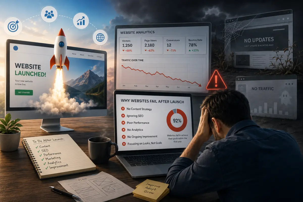 Reasons websites fail after launch including content strategy performance and analytics