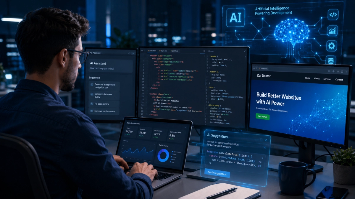 Artificial intelligence assisting a web developer in building modern websites.