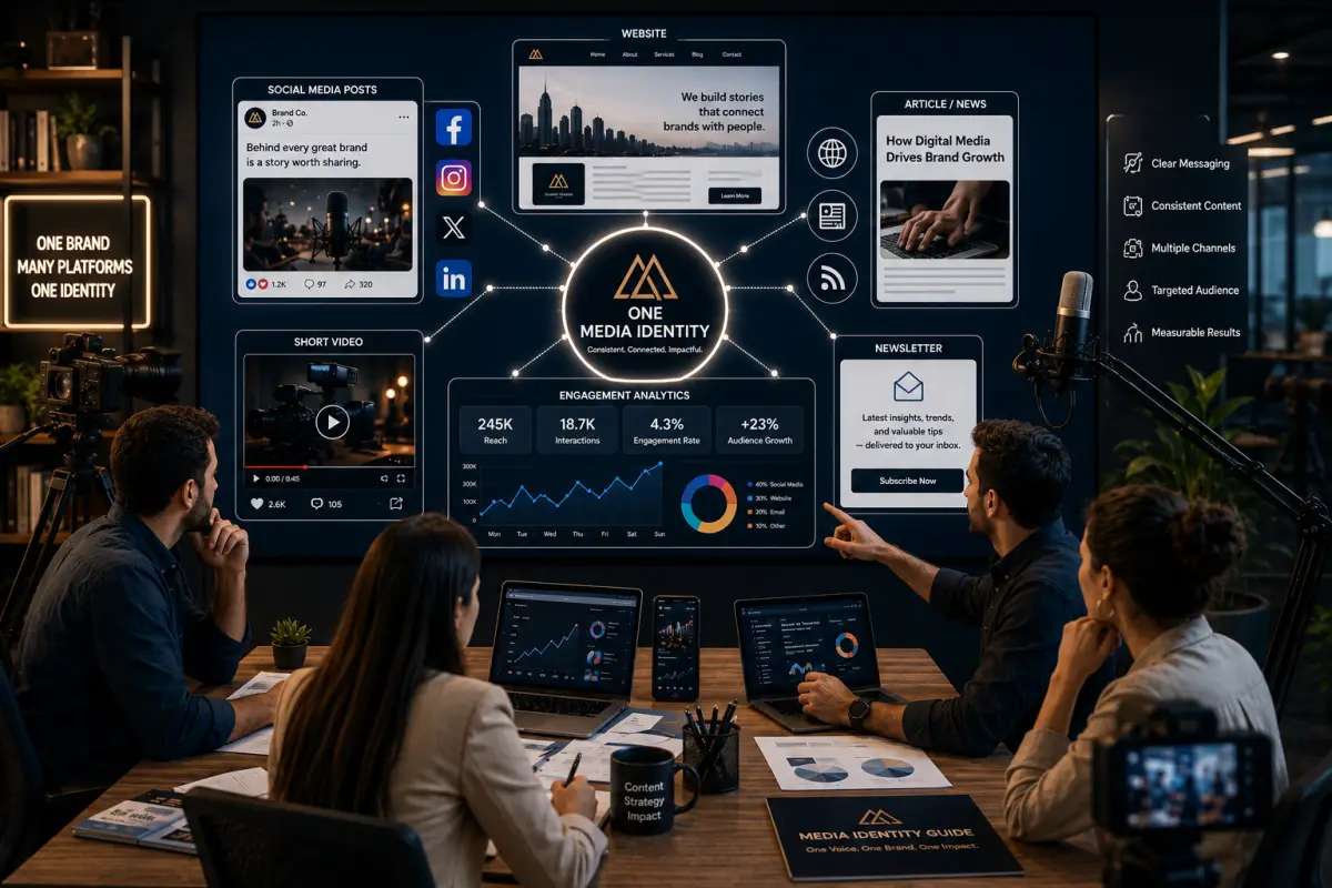 Professional media identity connecting website content social media and brand communication channels