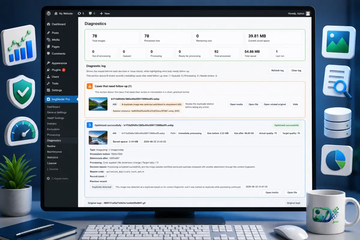Overview of the Diagnostics tab sections in ImgDexter Pro.